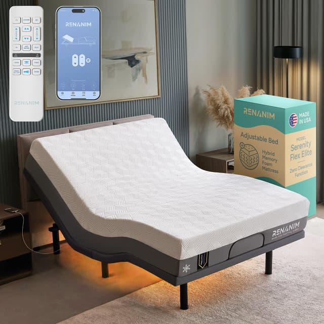 Renanim SFE Full Electric Adjustable Bed Frame with 10" Hybrid Memory Foam Mattress - Adjustable Mattress Base with Zero Clearance, Electric Massage, USB, UnderBed Light & Wireless Remote