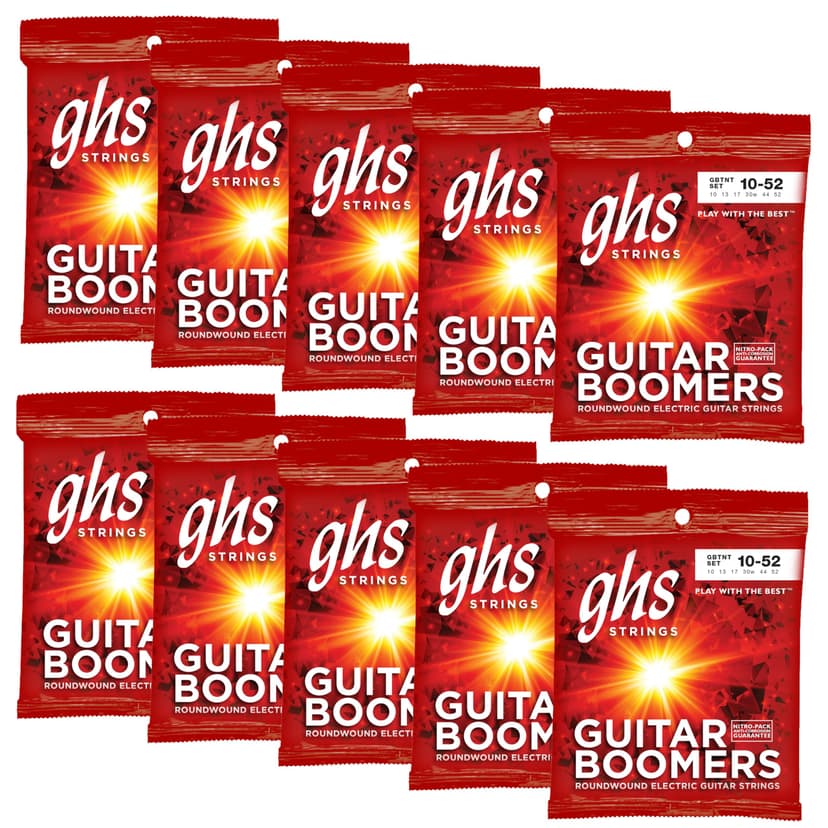 GHS Strings, GBTNT Boomers, Nickel Plated Steel Electric Guitar Strings, Legendary Strength, Unrivaled Sustain, Brightness & Tone. For 6-String Guitar 10-52 Thin & Thick (TNT) Gauge - 10 SETS