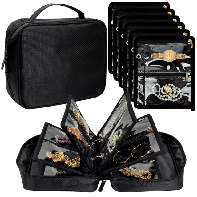 LingLingo Travel Jewelry Organizer Case,Jewelry Bags for Traveling, Jewelry Binder with 24 Pcs Clear Zipper Velvet Pouches for Storing Earrings, Rings, Necklace, Bracelet, Watch (Black)