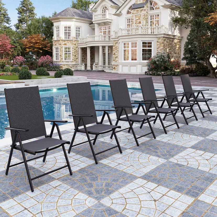 PHI VILLA Outdoor Patio Folding Chairs Set of 6, Portable Patio Dining Chairs with Adjustable Backrest for Outside, Garden, Lawn & Yard, No Assembly, Black