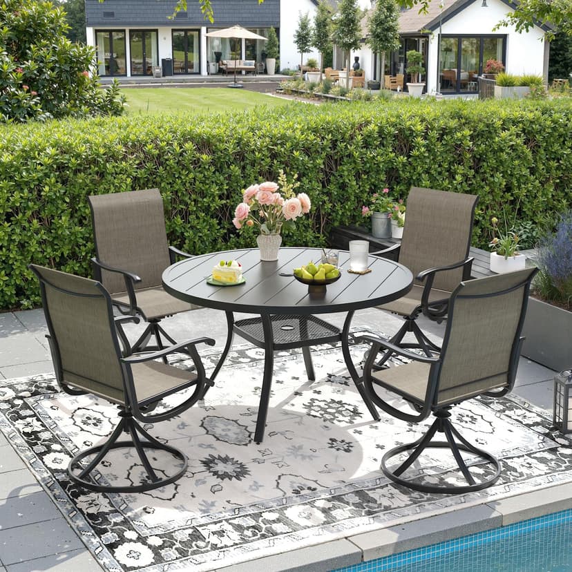 DIFY 5 Pieces Outdoor Patio Dining Set, 4 Brown Textilene Swivel Dining Chairs and 40.6" Black Round Dining Table, Metal Outdoor Table and Chairs