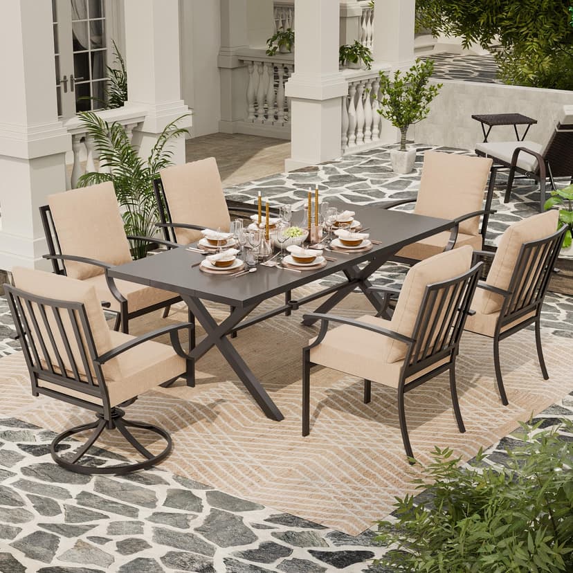 ASJMR 7 Piece Outdoor Dining Table and Chairs for 6, Rectangular Patio Dining Table with Umbrella Hole with 2 Swivel Rocking Dining Chairs with Cushions, Lawn Garden Outdoor Table and Chairs-Sand