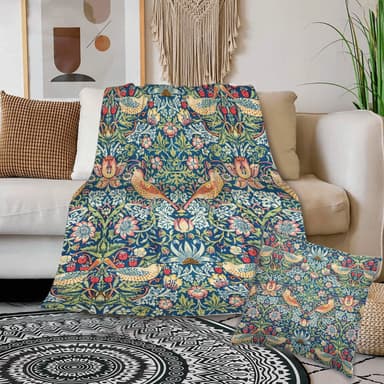 caimizogojocrz William Morris Strawberry Thief Fleece Flannel Throw Sofa Blanket with Pillow Cover, Super Soft Cozy Blanket for Couch Travel Picnic Car Movie Camping Teen or Nap Size 50"x60" M