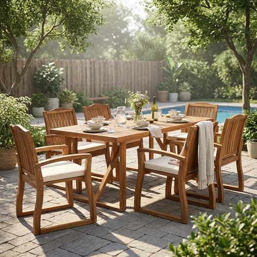 Christopher Knight Home Gemma Acacia Wood 7 Piece Outdoor Dining Set for 6, Patio Dining Table Set for 6, Slatted Design Dinner Table & Armchairs With Cushions, Outdoor Patio Furniture Set, Teak+Cream
