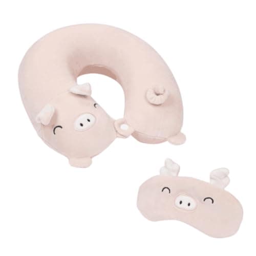 VICKYPOP Cartoon Neck Pillow Cute Memory Cotton U-Shaped Travel Pillow with Sleep Eye Mask, Travel Accessories for Airplane Car (Pink Pig)