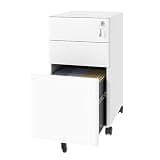 Rolling 3-Drawer Metal File Cabinet, 2 Shallow & 1 Deep Drawer for Files & Supplies, Lockable, 110lb Capacity per Drawer, Fully Assembled, Office/Home, White