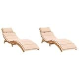 KMUNGDWG 2 Pcs Beige Sun Loungers with Cushions, Foldable Outdoor Patio Lounge Chairs Solid Acacia Wood with Pillow for Poolside Garden