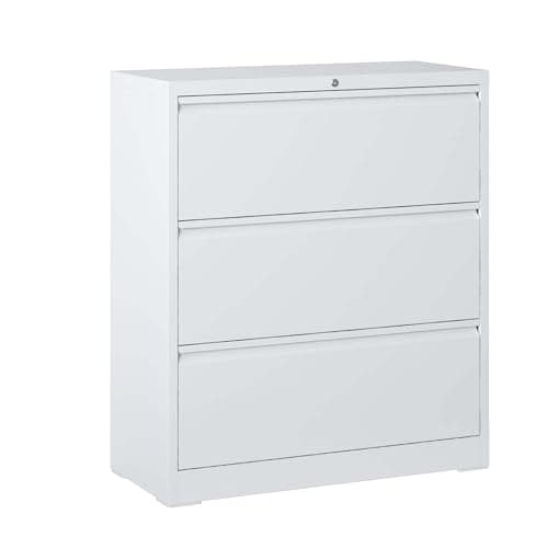Heavy-Duty Metal Lateral File Cabinet with Lock - Lockable Filing Cabinet for Legal,Letter,A4,F4 Size Documents - Large Capacity Steel Office Storage Cabinet - Smooth Glide Drawers (White,3-Drawer)