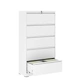 5 Drawer Metal Lateral File Cabinet, White Filing Cabinet with Lock, Lockable for Home Office, Legal/Letter/A4/F4 Size