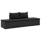 KMUNGDWG Black Poly Rattan Sun Bed with Cushions, 2-in-1 4-Seater Sofa and Lounge Bed for Patio Garden