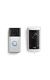 Ring Outdoor Cam Pro, Plug-In (Newest Model), White with Battery Doorbell, Satin Nickel