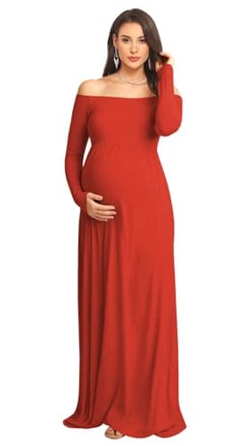 OUYAMEI Elegant Maternity Dresses for Photoshoot Long Off Shoulder Baby Shower Dress Pregnancy Gown with Sleeve Red