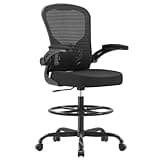 Synorla Ergonomic Drafting Chair, Tall Office Chair with Flip-up Armrests, Breathable Mesh High Desk Chair with Lumbar Support Adjustable Footrest Ring for Standing Desk Black