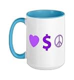 Purple Love, Wealth, Peace Purple Graphic Ceramic Mug, Blue/White, 15oz