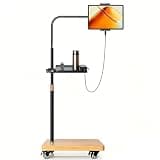Rolling Tablet Floor Stand with Wheels, Wood Base Mobile Tablet Mount, Adjustable Height & 360° Rotatable Holder for Bed, Couch, Workout, Compatible with iPad Pro/Air/Mini, Phone (4.7-13") (Nature)