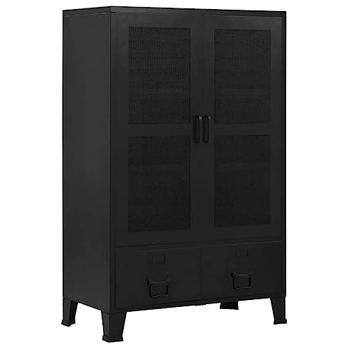 VIHHQGC Industrial Black Steel Office Cabinet with Mesh Doors, Plastic Medium Filing Cabinet for Storage and Organization, Durable Steel Design with Three Shelves and Two Drawers