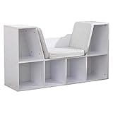 KidKraft Wooden Bookcase with Reading Nook, Storage and Gray Cushion, White