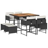 GHVBNMF 9 Piece Garden Dining Set, Outdoor Wicker Rattan Table and 8 Chairs with Solid Acacia Wood, Modern Patio Furniture for Backyard and Terrace, Black and Cream White