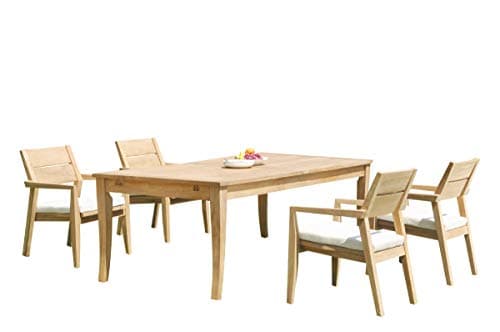 TeakStation 4 Seater Grade-A Teak Wood 5 Pc Dining Set: 122" Atnas Double Extension Rectangle Table and 4 Vellore Stacking Arm Chairs #31VL2805