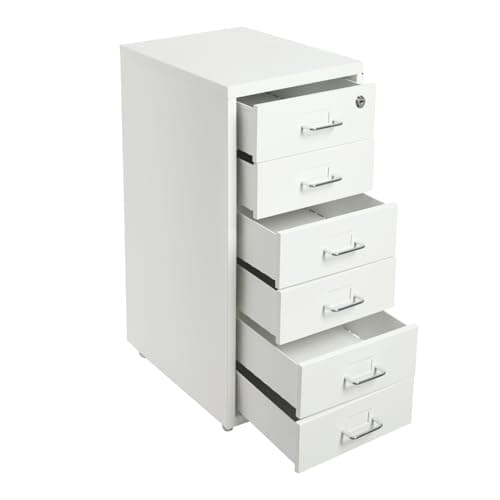 YUNLAIGOTOP 6 Drawer File Cabinet with Lock, Vertical Filing Cabinet with Wheels, Metal Storage Cabinet for Home Office, Freestanding Organizer, 11x16x27in (White)