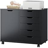 DUMOS 5 Drawer File Cabinet Office Drawers Organizer with Wheels Rolling, Under Desk Cabinets with Shelves and Door Printer Stand with Wood Board Metal Frame for Home Office Storage Craft Room, Black