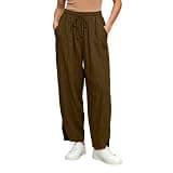 Ruziyoog Women Boho Pants High Waisted Wide Leg Baggy Pants Elastic Waist Loose Casual Summer Trousers with Pockets Brown