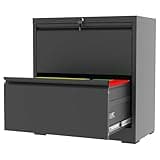 FLIXELIO 2 Drawer File Cabinet with Lock, Black Metal Lateral Filing Cabinets for Home Office, Heavy Duty Steel Horizontal Locking Storage Cabinet for Legal/Letter/A4 Size File, Assembly Required