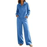 Oplxuo Women Denim 2 Piece Sets Lapel Collar Half Placket Long Sleeve Shirt Loose Wide Leg Jeans Casual Western Travel Outfit