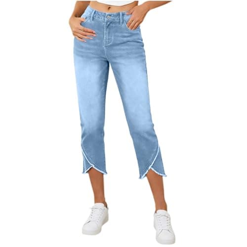 Women's Jeans High Waisted Stretchy Cropped Skinny Jeans Trendy Cross Raw Hem Summer Capri Pants with Pockets Light Blue