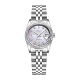 addies Silver Watches for Women Stainless Steel Strap Analog Date 50M Water Resistant Watch Gem-Set Markers Mother of Pearl Dial
