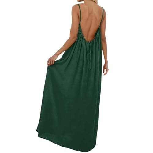 EEZCP Women's Cotton Linen Backless Loose Dress, Womens Summer Casual Sleeveless Backless Cami Dress Open Low Back Beach (Green-D,Medium)