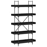 KGHFDVB Bookcase 5-Tier Black 39.4"x13"x71.1" Engineered Wood Bookshelf with X-Bar Metal Frame, Raised Edges, and Adjustable Feet for Home Office