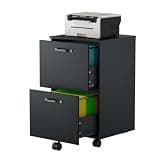 HAPPYMONT 2 Drawer File Cabinet, Wooden Under Desk Cabinets for Home Office, Black Filing Cabinet with Lockable Wheels, Mobile Printer Stand with Drawers