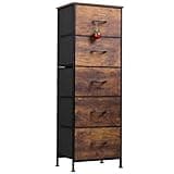 WLIVE Fabric Dresser for Bedroom, 5-Drawer Tall Dressers, Storage Organizer with Fabric Bins, Wood Top, Sturdy Steel Frame, Chest of Drawers for Closet, Hallway, Rustic Brown Wood Grain Print