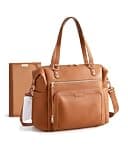 mommore Diaper Bag Tote, Large Diaper Bag with Waterproof Changing Pad, PU Leather Diaper Tote for Modern mom with Insulated Pockets, Baby Essential, Light Brown