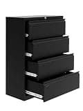 GarveeHome 4-Drawer Lateral File Cabinet with Lock, Heavy Duty Steel Office Storage for Letter/Legal/A4 Documents, Easy Assembly Space-Saving Design - Black