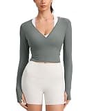 CRZ YOGA Cloudweight Wrap Shirts for Women - Workout Yoga Pilates Casual Long Sleeve Tops Cross V Neck Tie Soft Tees Grey Sage Medium