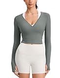 CRZ YOGA Cloudweight Wrap Shirts for Women - Workout Yoga Pilates Casual Long Sleeve Tops Cross V Neck Tie Soft Tees Grey Sage Medium