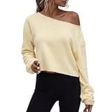 Oplxuo Women's Off Shoulder Cropped Sweatshirt Loose Pullover Tops Yellow