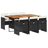 WRJENFSC 7-Piece Garden Dining Set, Modern Outdoor Patio Furniture with Acacia Wood Tabletop and 6 Poly Rattan Chairs, Stylish Backyard Seating for Terrace, Black, Brown and Cream White
