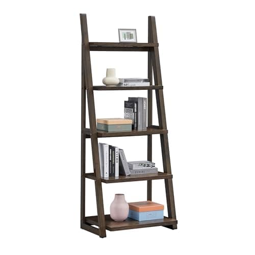 Rubber Wood Ladder Shelf Bookcase, 5-Tier Leaning Bookshelf Free Standing Organizer Storage Shelves for Living Room, Bedroom, Kitchen, Home Office, Balconyt (Rustic Brown + Rubber Wood+MDF)