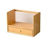 CFGH6FDF Desktop Bamboo Bookshelf with Diamond Pattern Acrylic Back Panel and Drawer Storag Rack Freestanding Book Shelf