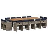 Makastle 15 Piece Garden Dining Set with Cushions, Grey Poly Rattan, 108.27 x 41.73 x 28.74 Inches, 205.66 Pounds, Rectangular