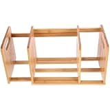 NUSITOU Adjustable Wooden Desktop Records Storage Organizer and CD Holder Shelf with 32-60cm Range, Khaki Wood Book Rack for Jewelry and Makeup Desktop Use