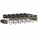 WRJENFSC 17 Piece Patio Dining Set with Cushions, Gray Poly Rattan Garden Furniture, Space Saving Cube Outdoor Dining Table Set with 12 Chairs and 4 Stools, Tempered Glass Top