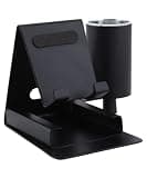 ZAHEPA Phone Stand for Desk with Pen Holder & Visiting Card Slot, 3-in-1 Multipurpose Metal Cell Phone Holder for Desk, Universal Tabletop Stand for All Smartphones, Tablet, iPad, Kindle – Matte Black