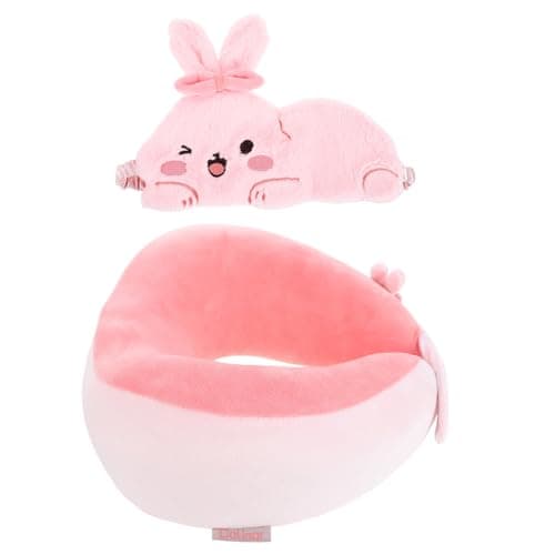 BESTYASH U-Shaped Sleeping Neck Pillow and Cute Pink Bunny Eye Mask Set, Portable Travel Nap Pillow for Airplane, Car, Office, and Home Use