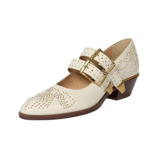 Aorikro Women Studded Mary Jan Shoes Chunky Low Heels Buckle Strap Closed Toe Mary Jane Pumps Beige