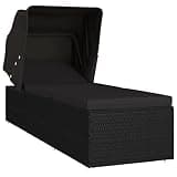 TUERYAFEK Black Cushioned Sun Lounger with Canopy, PE Rattan and Powder-Coated Steel Frame, Adjustable Backrest, Foldable Design for Patio Balcony, Polyester Cushion Lounger