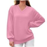 Women's Long Sleeve V Neck Sweatshirt Ribbed Collar Loose Sweat Pullover
